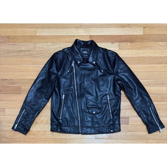 ZARA Man Faux Leather Biker Jacket Black Size L Moto Zip Pockets Asymmetrical - Picture 1 of 10